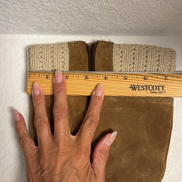 Leather Suede Tan Knee-High wedge Boots 8 - Picture 11 of 13